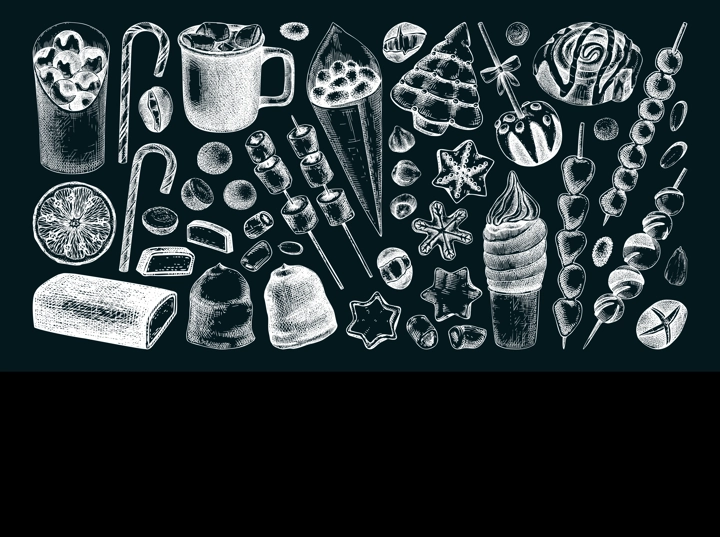 Christmas food background. Christmas market design template. Hand-drawn vector illustration. Hot drinks, candies, cookies, pastries sketches. Winter holiday menu. Sweet food vintage banner